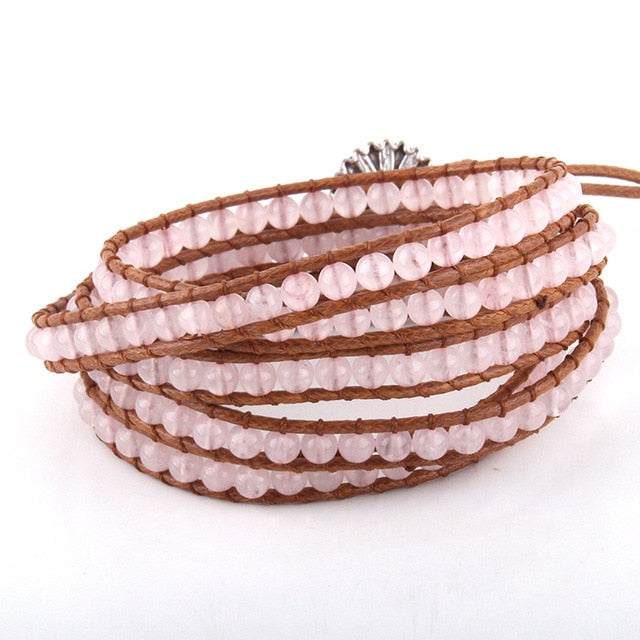 Boho Bracelet, RH 5 Layers Leather Wrap Bracelet, 4 mm Natural Stones, Blue, White, Black