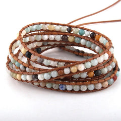 Boho Bracelet, RH 5 Layers Leather Wrap Bracelet, 4 mm Natural Stones, Blue, White, Black