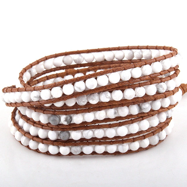 Boho Bracelet, RH 5 Layers Leather Wrap Bracelet, 4 mm Natural Stones, Blue, White, Black