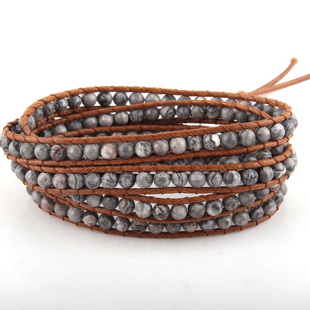 Boho Bracelet, RH 5 Layers Leather Wrap Bracelet, 4 mm Natural Stones, Blue, White, Black