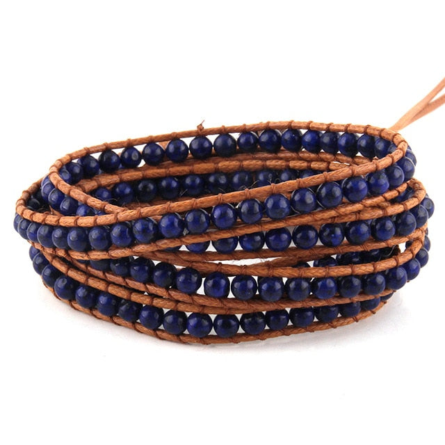 Boho Bracelet, RH 5 Layers Leather Wrap Bracelet, 4 mm Natural Stones, Blue, White, Black