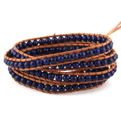 Boho Bracelet, RH 5 Layers Leather Wrap Bracelet, 4 mm Natural Stones, Blue, White, Black