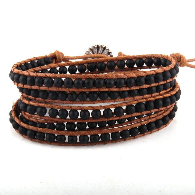 Boho Bracelet, RH 5 Layers Leather Wrap Bracelet, 4 mm Natural Stones, Blue, White, Black
