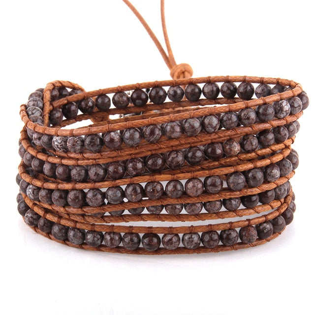 Boho Bracelet, RH 5 Layers Leather Wrap Bracelet, 4 mm Natural Stones, Blue, White, Black
