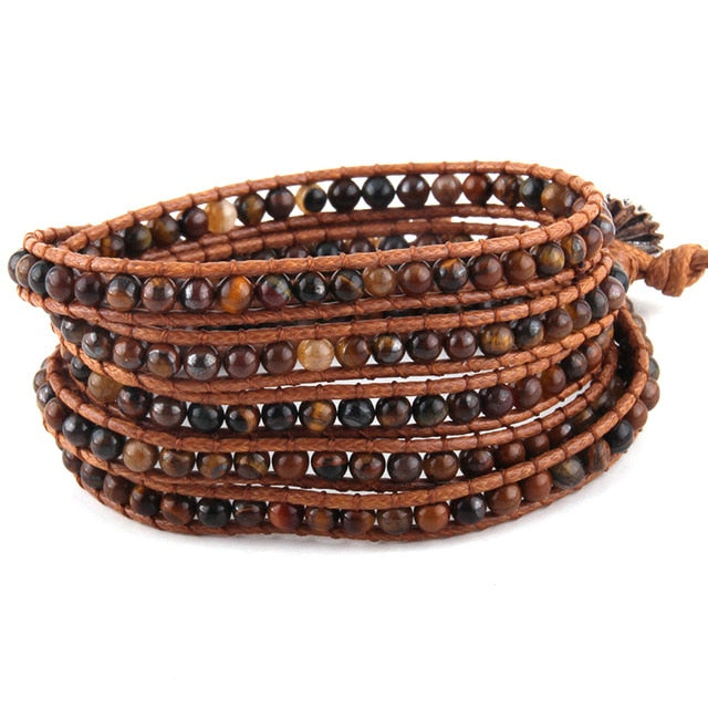 Boho Bracelet, RH 5 Layers Leather Wrap Bracelet, 4 mm Natural Stones, Blue, White, Black