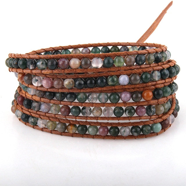 Boho Bracelet, RH 5 Layers Leather Wrap Bracelet, 4 mm Natural Stones, Blue, White, Black