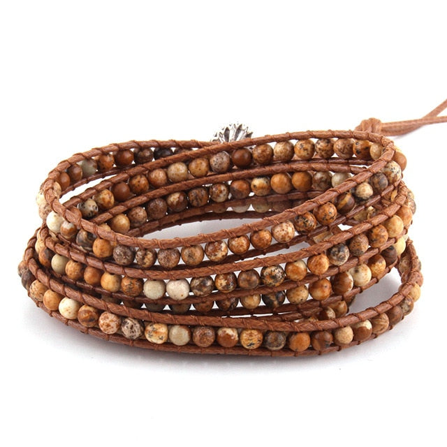 Boho Bracelet, RH 5 Layers Leather Wrap Bracelet, 4 mm Natural Stones, Blue, White, Black