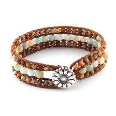 Boho Bracelet, RH Leather Wrap Bracelet, Blue Amazonite Lotus
