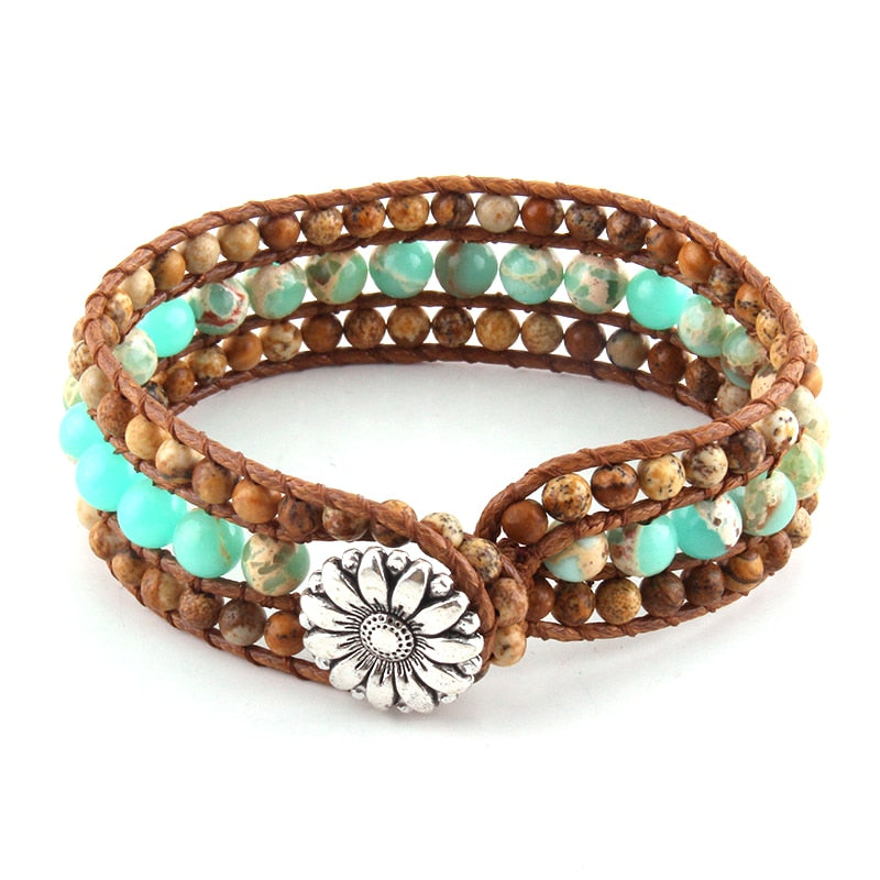 Boho Bracelet, RH Leather Wrap Bracelet, Blue Amazonite Lotus