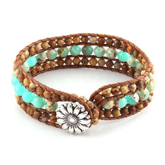 Boho Bracelet, RH Leather Wrap Bracelet, Blue Amazonite Lotus