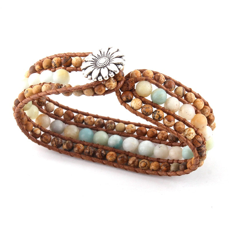 Boho Bracelet, RH Leather Wrap Bracelet, Blue Amazonite Lotus