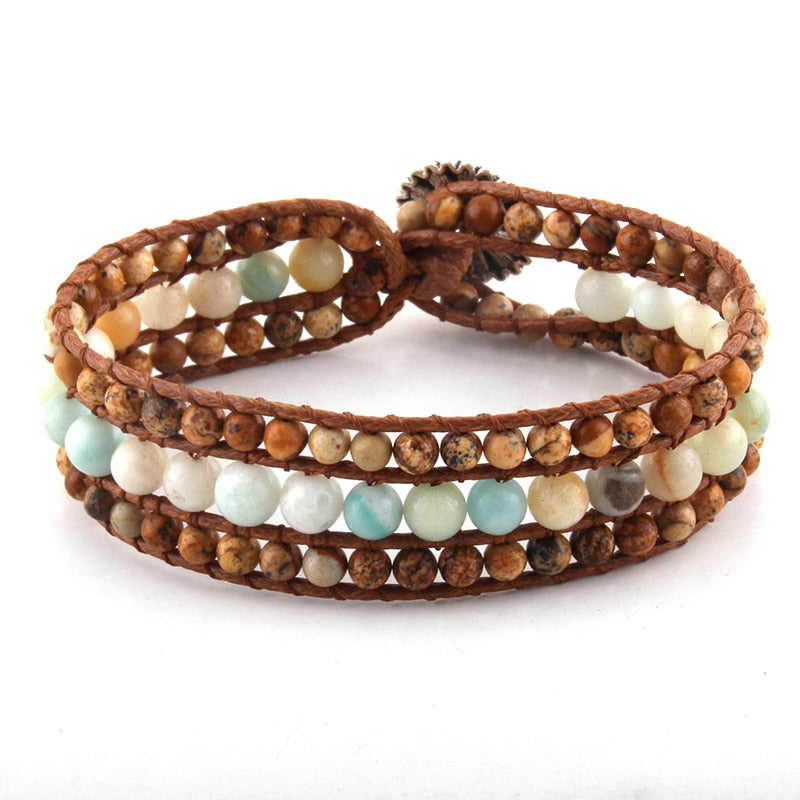 Boho Bracelet, RH Leather Wrap Bracelet, Blue Amazonite Lotus