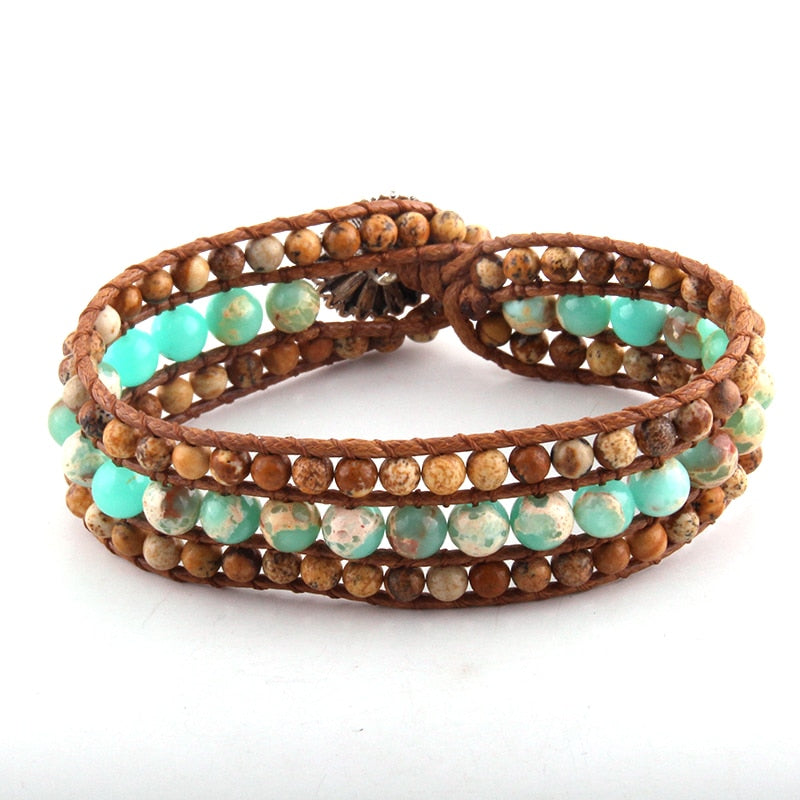 Boho Bracelet, RH Leather Wrap Bracelet, Blue Amazonite Lotus