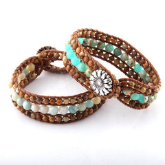 Boho Bracelet, RH Leather Wrap Bracelet, Blue Amazonite Lotus