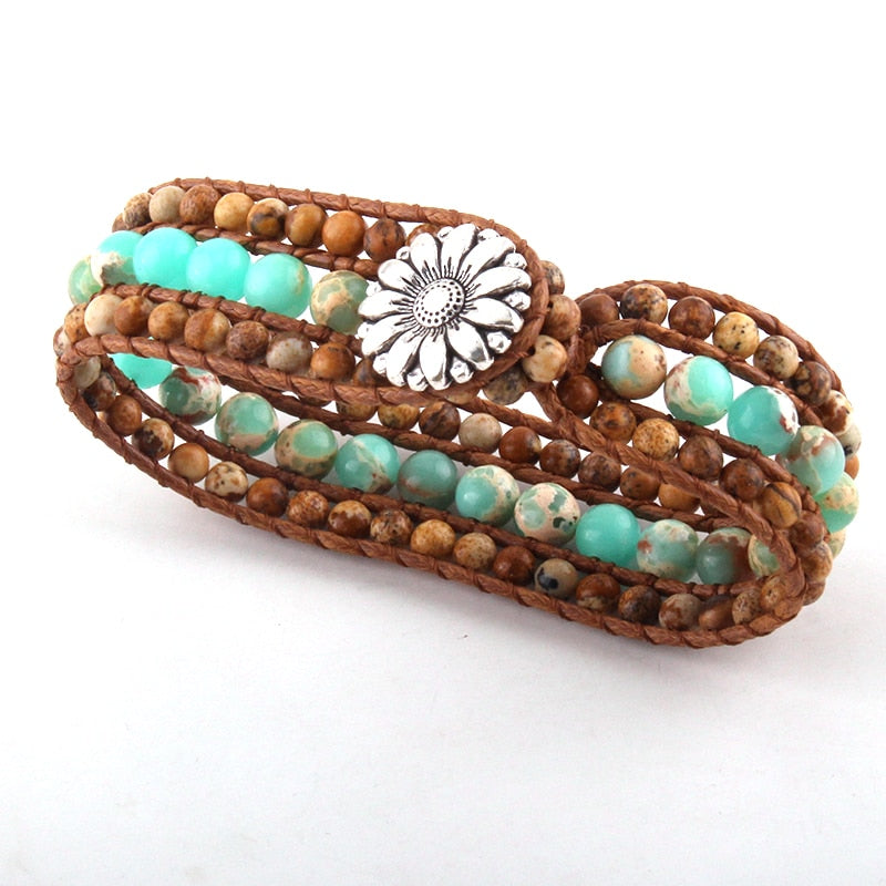 Boho Bracelet, RH Leather Wrap Bracelet, Blue Amazonite Lotus
