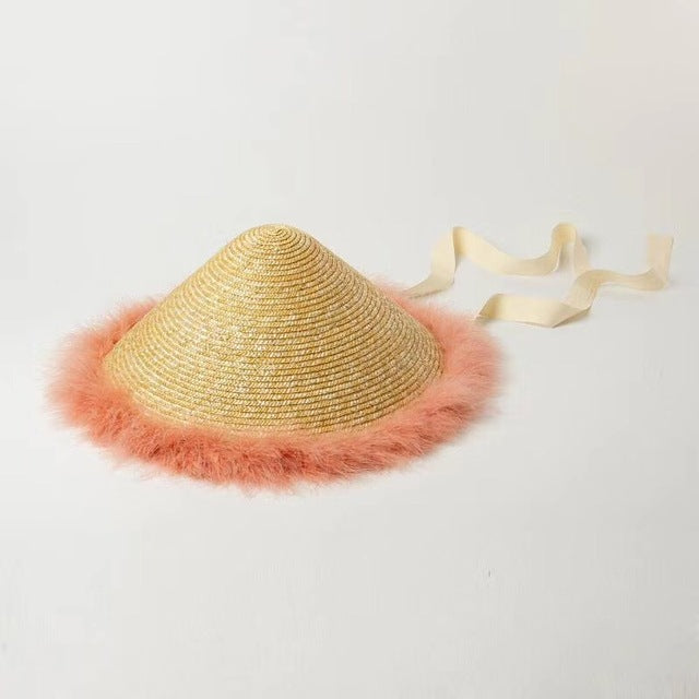Boho Hat, Sun Beach Hat, Vintage Straw Hat with Feather Everly