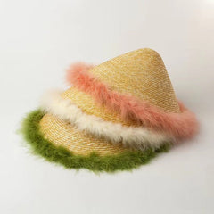 Boho Hat, Sun Beach Hat, Vintage Straw Hat with Feather Everly