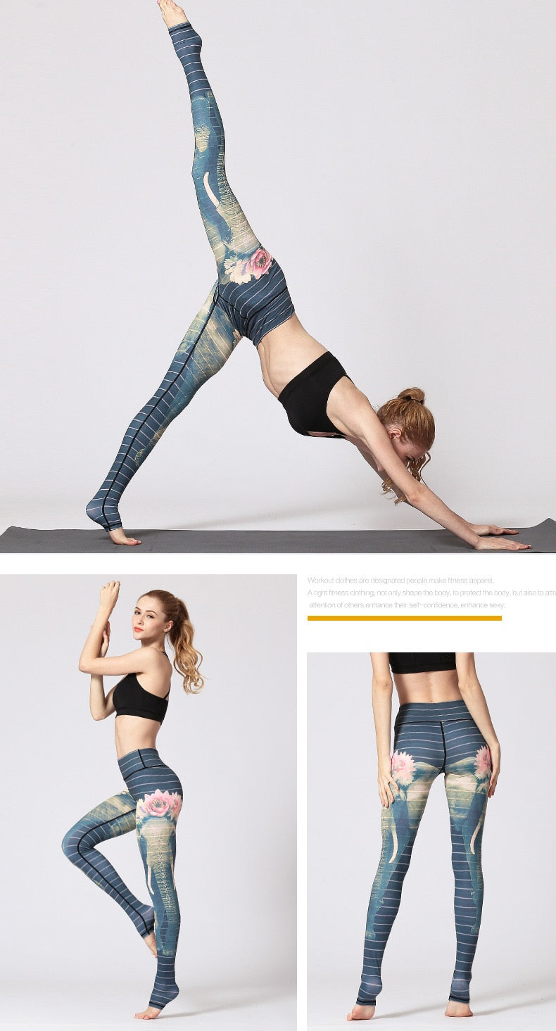 Yoga Legging, Yoga Pants, Boho Legging, Printed Tight, Bohemian Elephant in Gypsy Green
