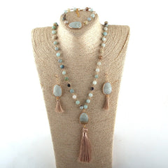Boho Necklace, Jewelry Set, RH AmazoniteTassel Natural Green Stone