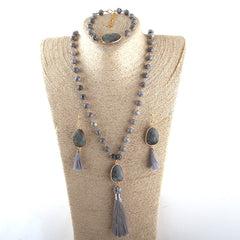 Boho Necklace, Jewelry Set, RH AmazoniteTassel Natural Green Stone
