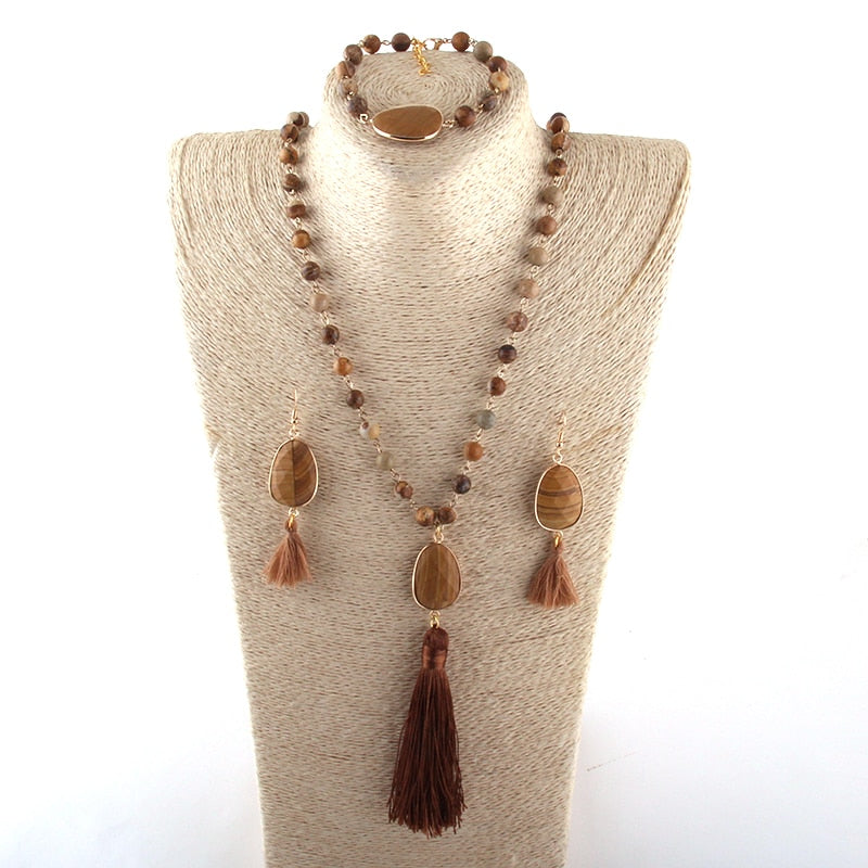 Boho Necklace, Jewelry Set, RH AmazoniteTassel Natural Green Stone