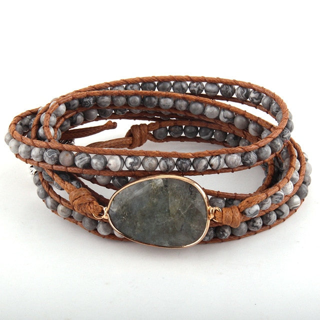Boho Bracelet, RH 5 Layers Leather Wrap Bracelet, Natural Stones, Navy Lapis