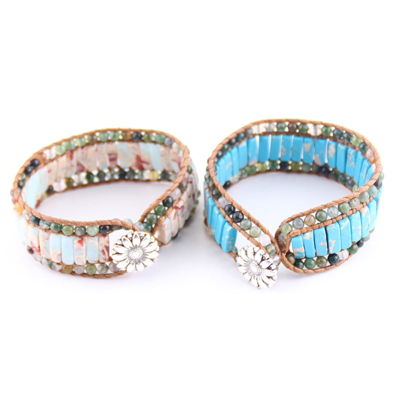 Boho Bracelet, RH Leather Wrap Bracelet, Pink Blue Lotus
