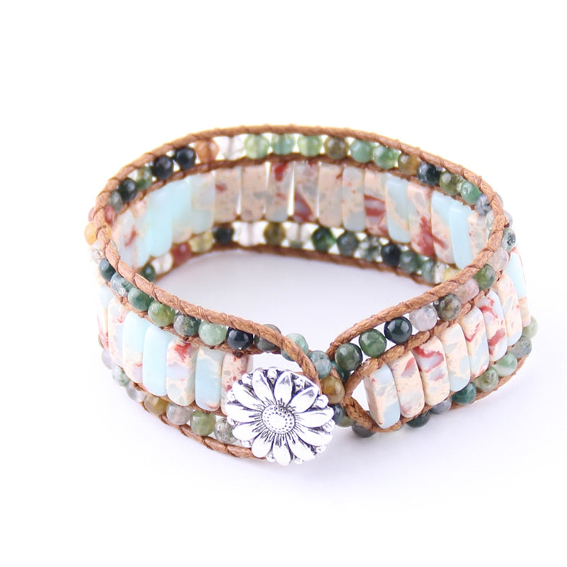 Boho Bracelet, RH Leather Wrap Bracelet, Pink Blue Lotus