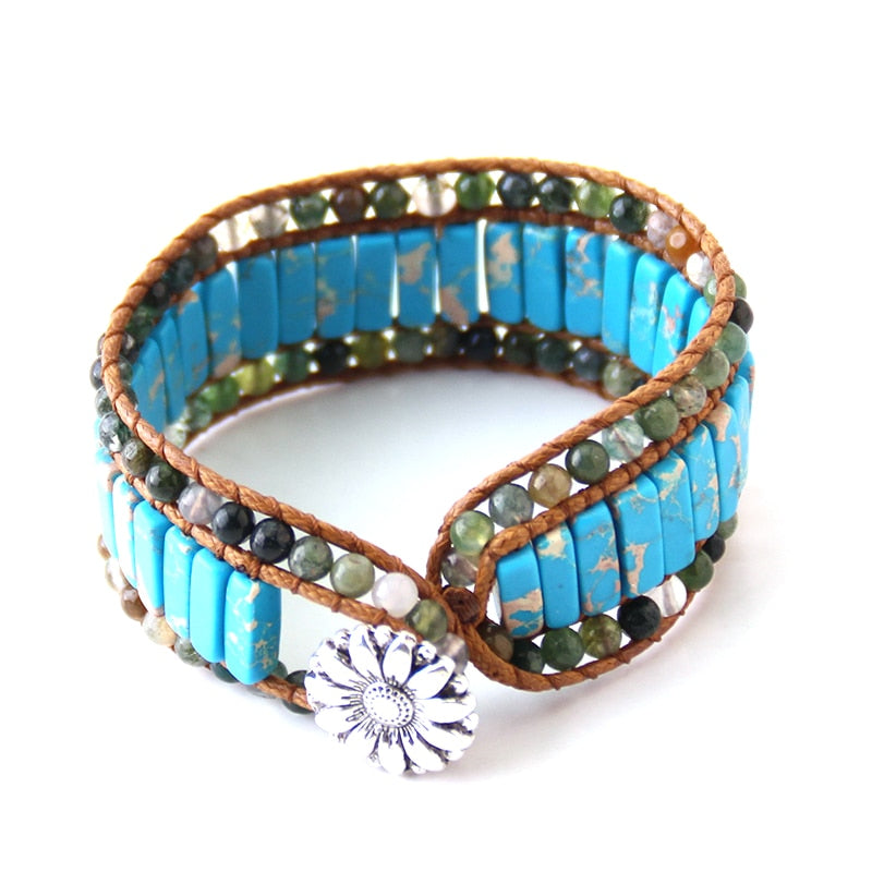 Boho Bracelet, RH Leather Wrap Bracelet, Pink Blue Lotus