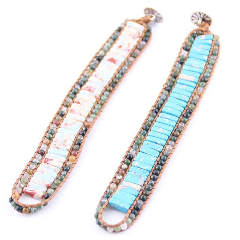 Boho Bracelet, RH Leather Wrap Bracelet, Pink Blue Lotus