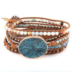 Boho Bracelet, RH 5 Layers Leather Wrap Bracelet, Natural Stones, Blue Ocean