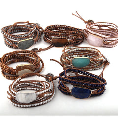 Boho Bracelet, RH 5 Layers Leather Wrap Bracelet, Natural Stones, Blue, White, Brown