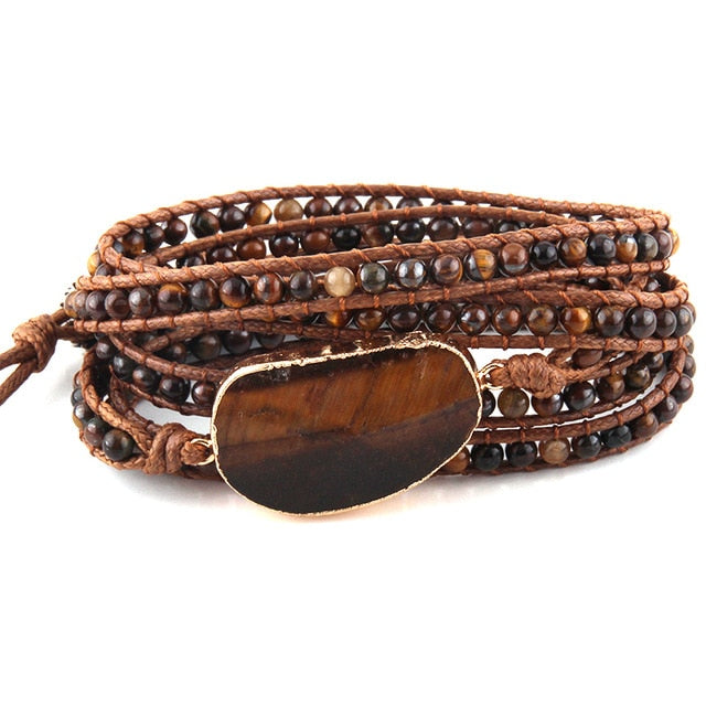 Boho Bracelet, RH 5 Layers Leather Wrap Bracelet, Natural Stones, Blue, White, Brown