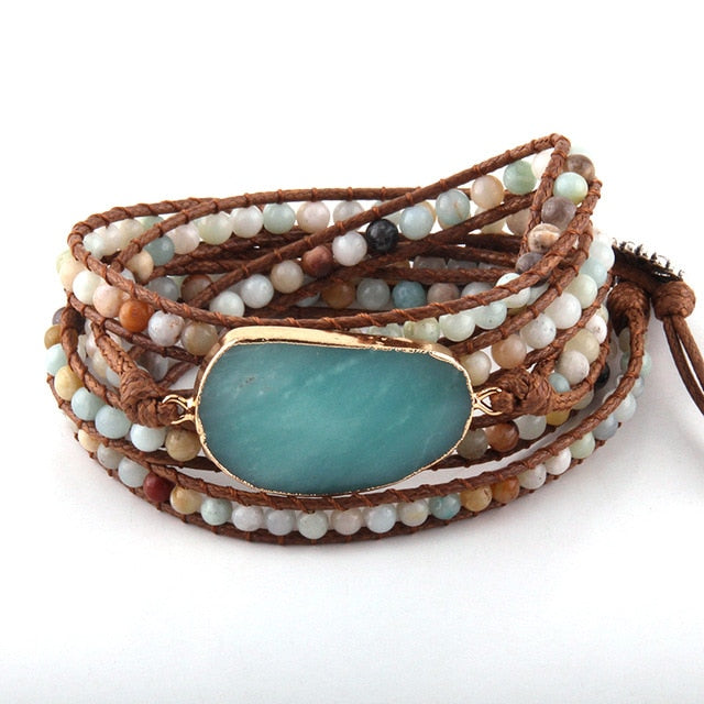 Boho Bracelet, RH 5 Layers Leather Wrap Bracelet, Natural Stones, Blue, White, Brown