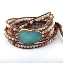 Boho Bracelet, RH 5 Layers Leather Wrap Bracelet, Natural Stones, Blue, White, Brown