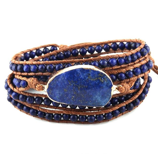 Boho Bracelet, RH 5 Layers Leather Wrap Bracelet, Natural Stones, Blue, White, Brown