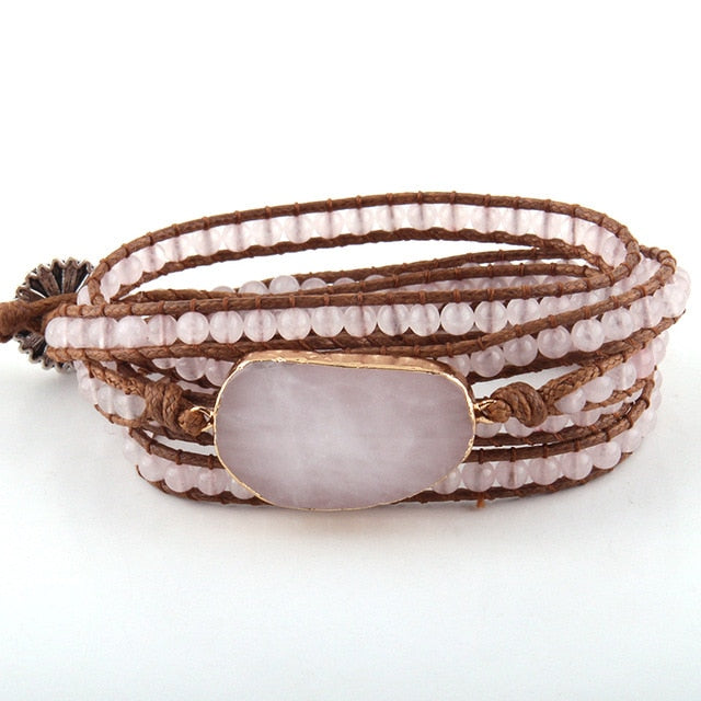 Boho Bracelet, RH 5 Layers Leather Wrap Bracelet, Natural Stones, Blue, White, Brown