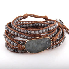 Boho Bracelet, RH 5 Layers Leather Wrap Bracelet, Natural Stones, Blue, White, Brown