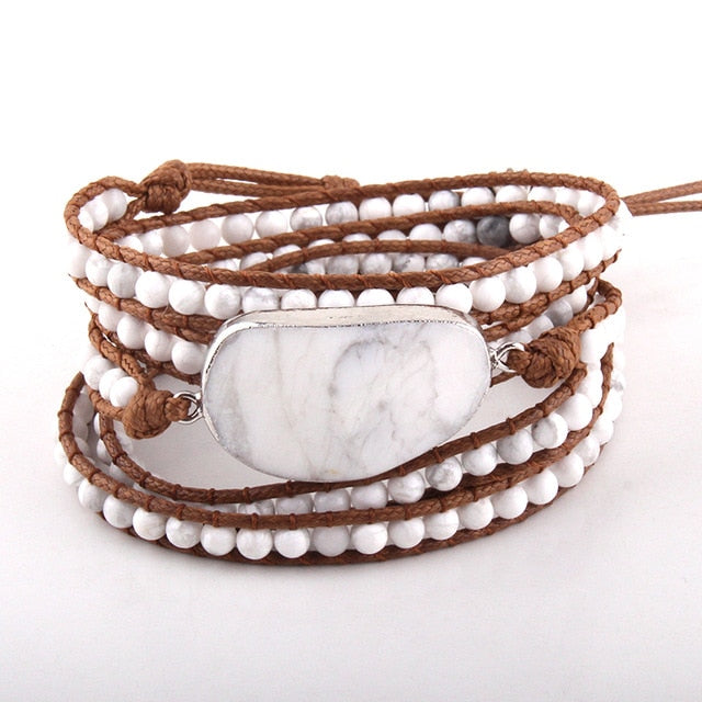 Boho Bracelet, RH 5 Layers Leather Wrap Bracelet, Natural Stones, Blue, White, Brown
