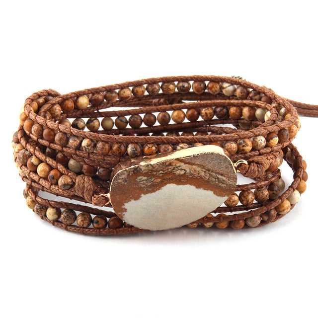 Boho Bracelet, RH 5 Layers Leather Wrap Bracelet, Natural Stones, Blue, White, Brown