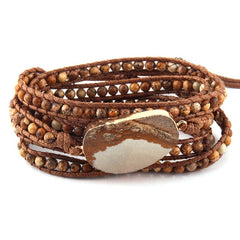 Boho Bracelet, RH 5 Layers Leather Wrap Bracelet, Natural Stones, Blue, White, Brown