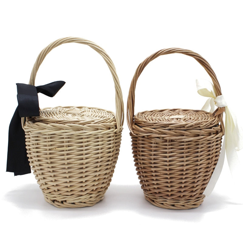 Boho Bag, Woven Straw Bag, Rattan Bag, Mini Wicker Basket Bag, Marry Brown and Beige
