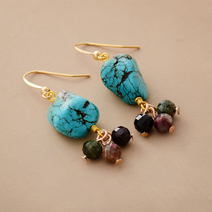 Boho Earrings, Dangle Earrings, Tourmaline and Blue Turquoise