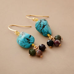 Boho Earrings, Dangle Earrings, Tourmaline and Blue Turquoise