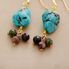 Boho Earrings, Dangle Earrings, Tourmaline and Blue Turquoise