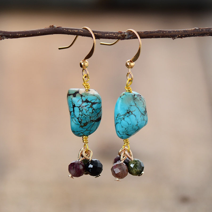 Boho Earrings, Dangle Earrings, Tourmaline and Blue Turquoise