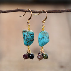 Boho Earrings, Dangle Earrings, Tourmaline and Blue Turquoise