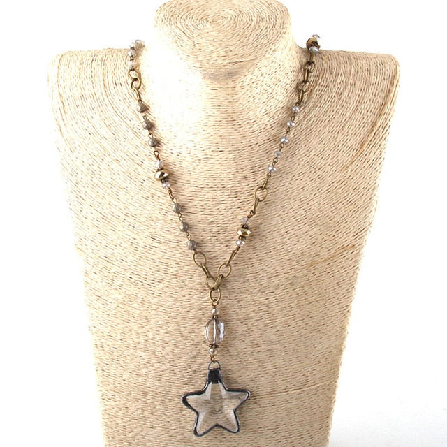 Boho Necklace, RH Antique Brass Silver Stone Glass