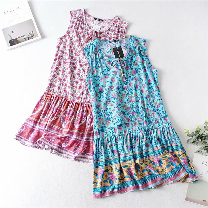 Boho Mini Dress Sundress, Wild Floral Fresco in Pink