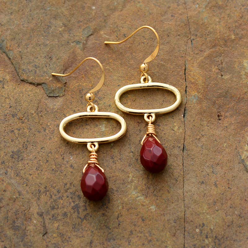 Boho Earrings, Dangle Earrings, Ellipse Red Jaspers